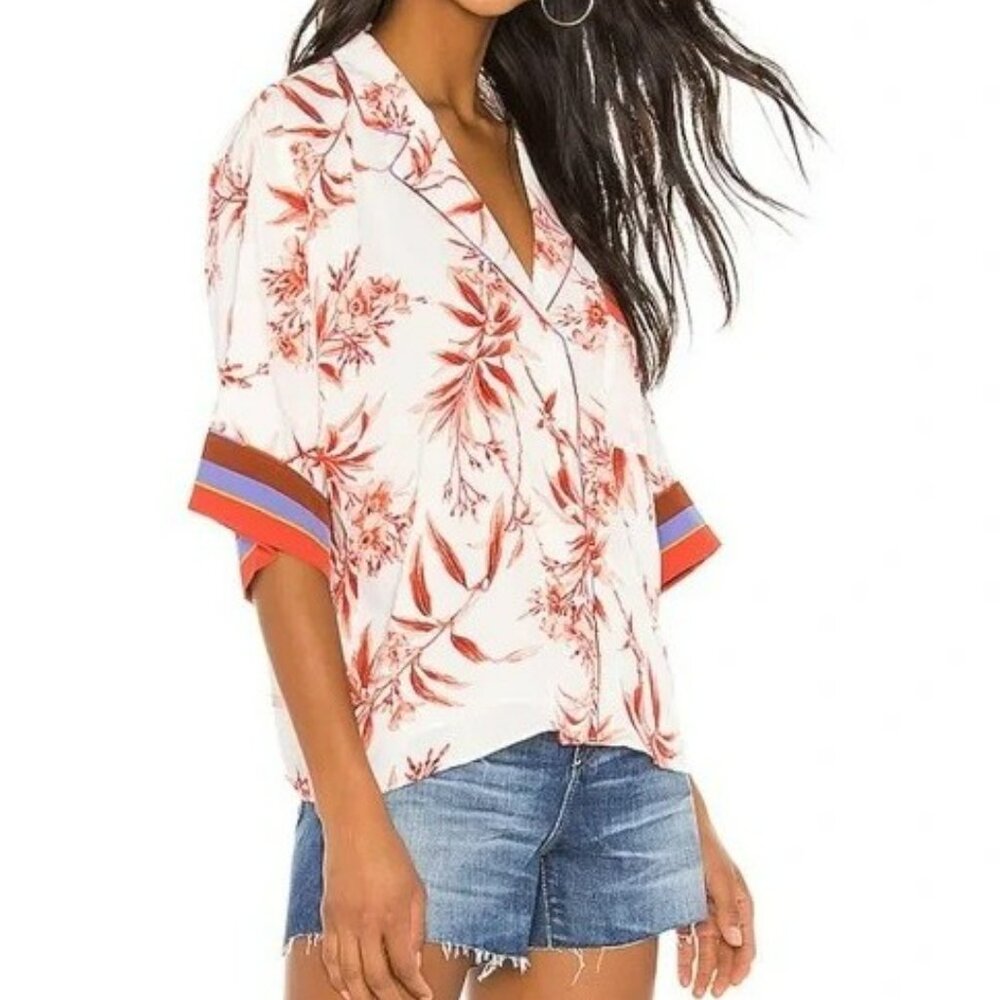Joie White Floral V-Neck Blouse with Red Stripe Cuffs